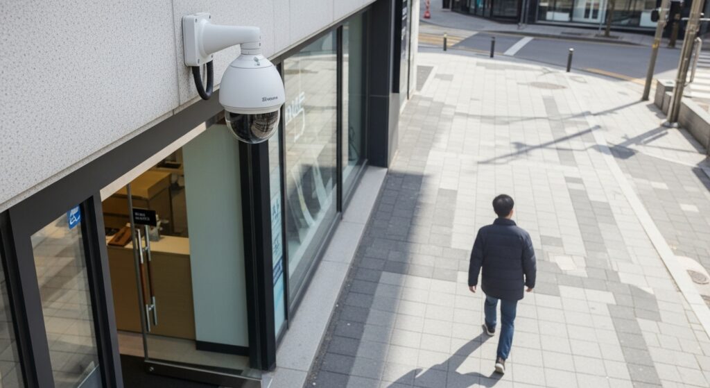 매장 출입문 위에 설치된 CCTV 카메라